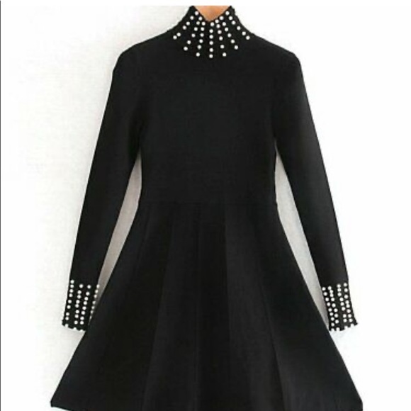 NWT Zara Black Knit Dress With Pearls Women’s Size Medium - Picture 2 of 16
